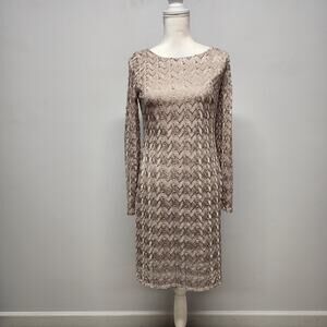 Jessica Howard Womens Shimmer Lace Sheath Dress 6 Beige Long Sleeve Cocktail